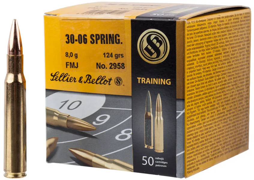 Патрон Sellier & Bellot кал. 30-06 пуля FMJ масса 8 грамм/ 124 гран. Нач. скорость 944 м/с.